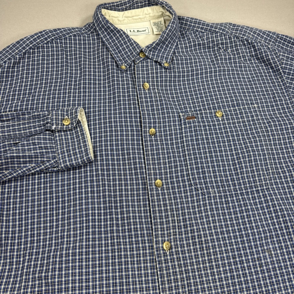L. L. Bean Shirt Men's Large Blue Plaid Twill Long Sleeve 100% Cotton Outdoor